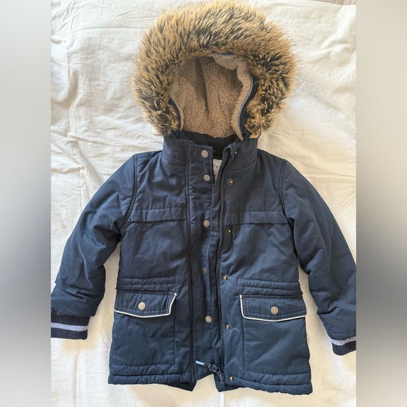 Fat Face Dark Blue Kids Puffer Coat with Faux Fur Hood